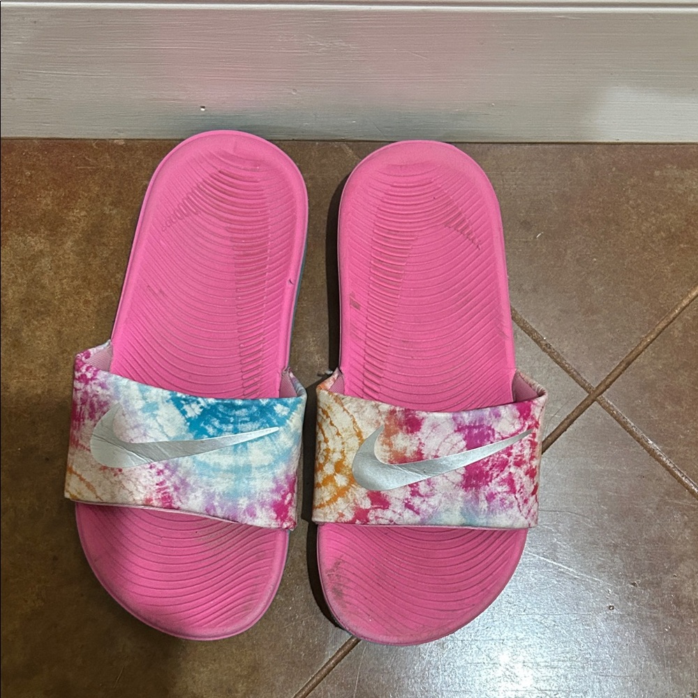 Nike Pink Slides with Multicolor Tie-Dye Strap and Silver Swoosh